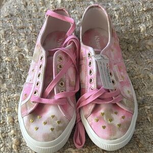 Superga Pink Beige Tye Dye embroidered gold heart sneakers.